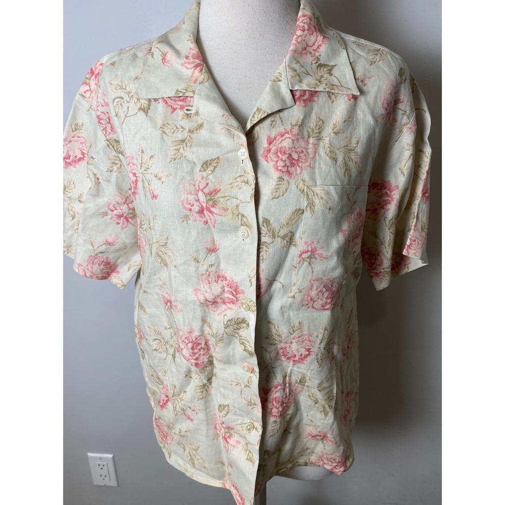 Lauren Ralph Lauren Linen Floral Rose Print Button Down Shirt Y2K Pink Cream 10